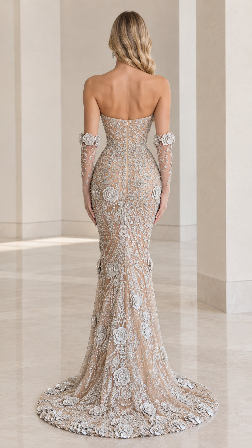 Champagne strapless backless mermaid evening gown with sweep train - back view