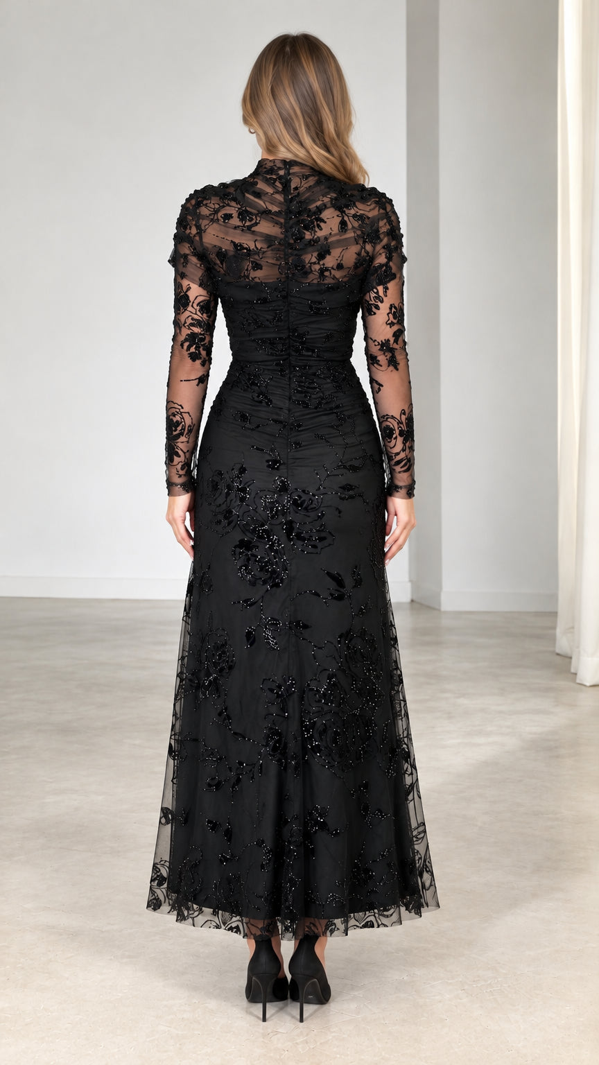 Back view of black long sleeve sequin evening dress with concealed zipper