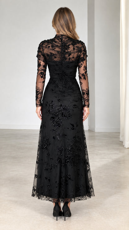 Back view of black long sleeve sequin evening dress with concealed zipper