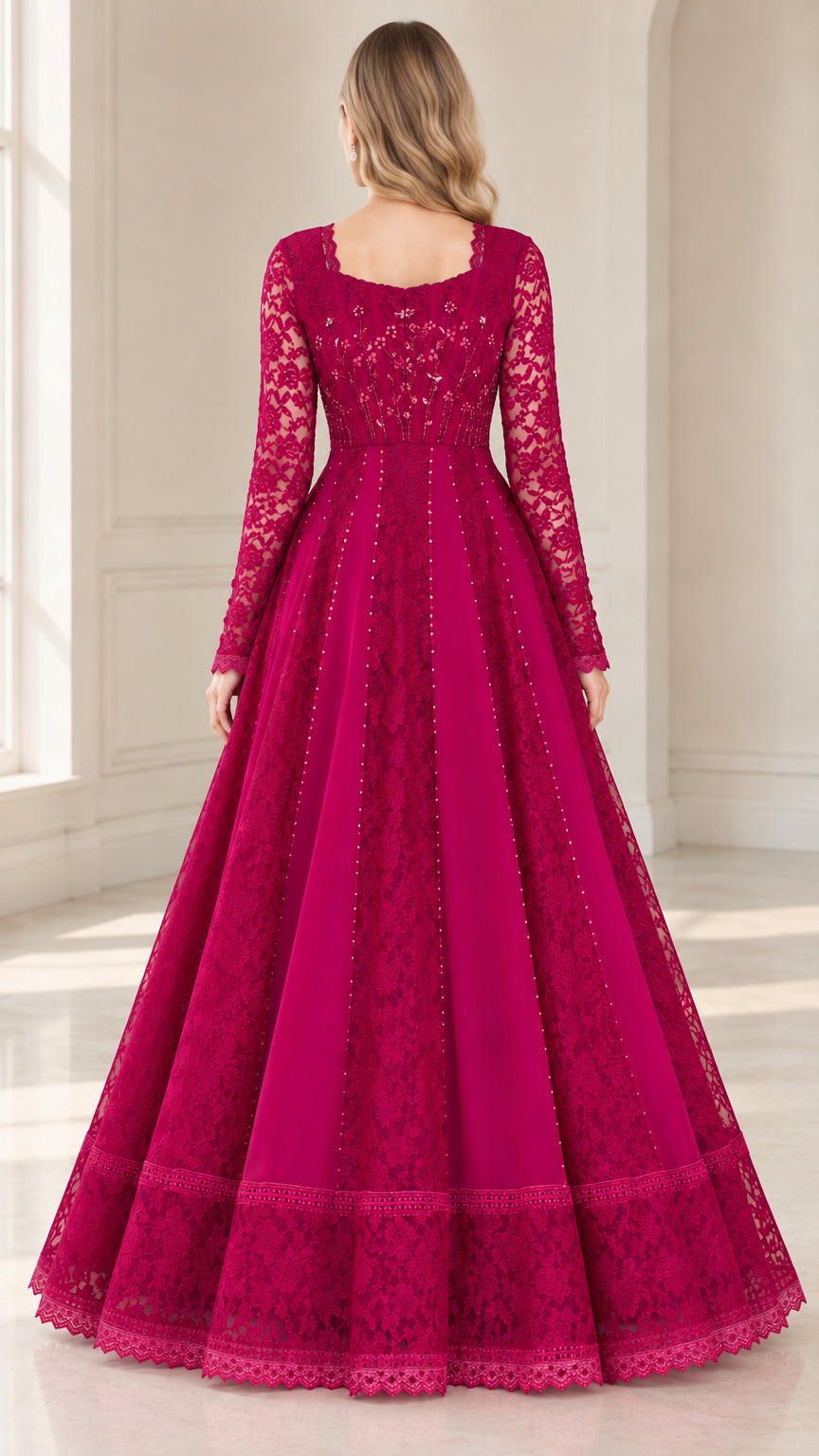 Back view of magenta long sleeve evening dress with square scoop back