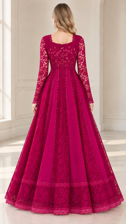 Back view of magenta long sleeve evening dress with square scoop back