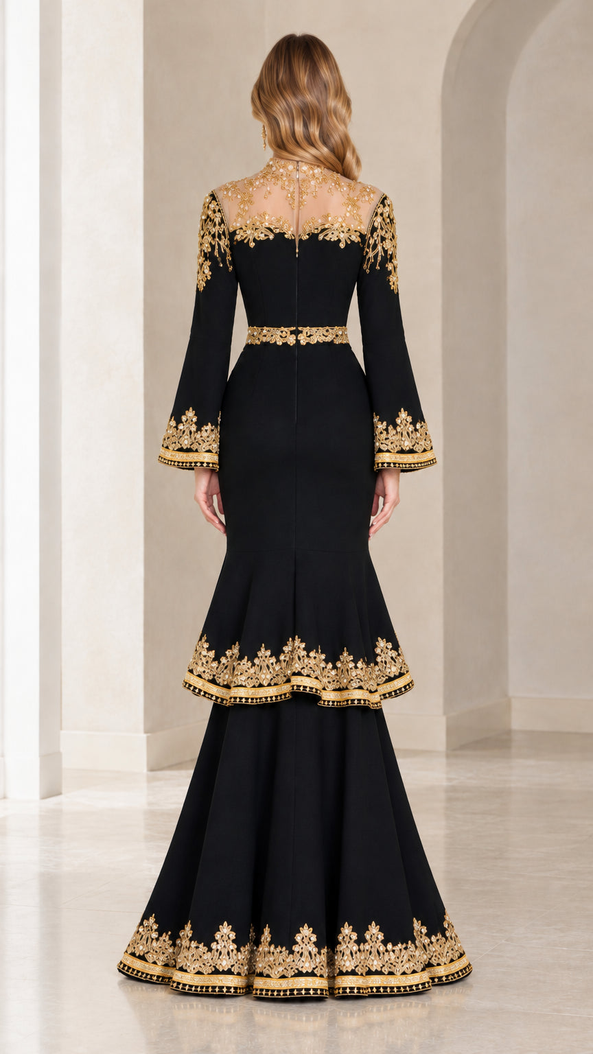 Back view of black illusion neck evening gown showing tiered skirt and gold trim