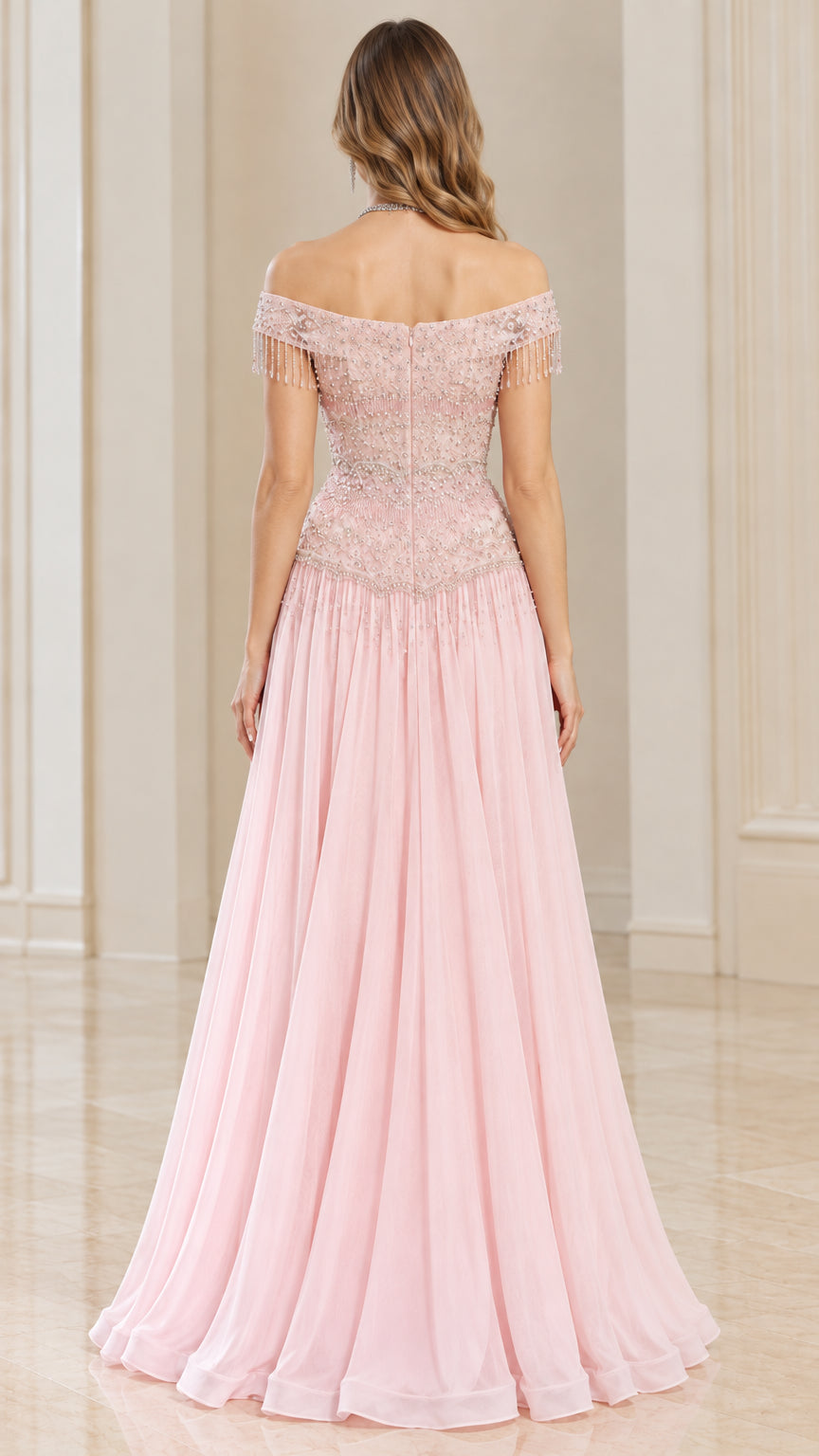 Blush Pink embellished evening gown back view showing zip closure