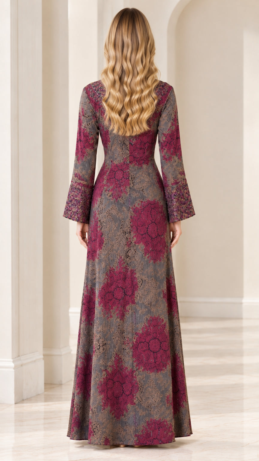 Back full-length view of deep burgundy printed long sleeve A-line maxi dress