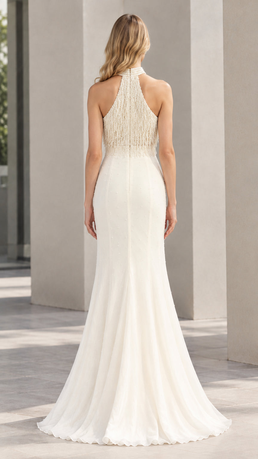 Ivory halter neck formal evening dress back view with open shoulder detail