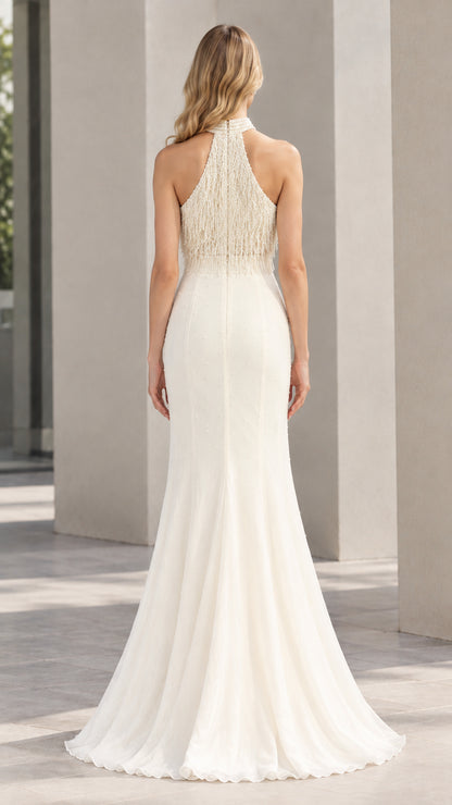 Ivory halter neck formal evening dress back view with open shoulder detail