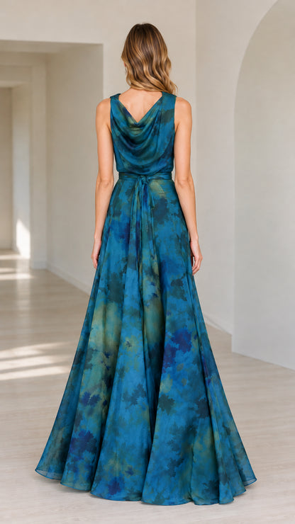 Back view of woman showing the draped cowl low back on the teal blue maxi dress