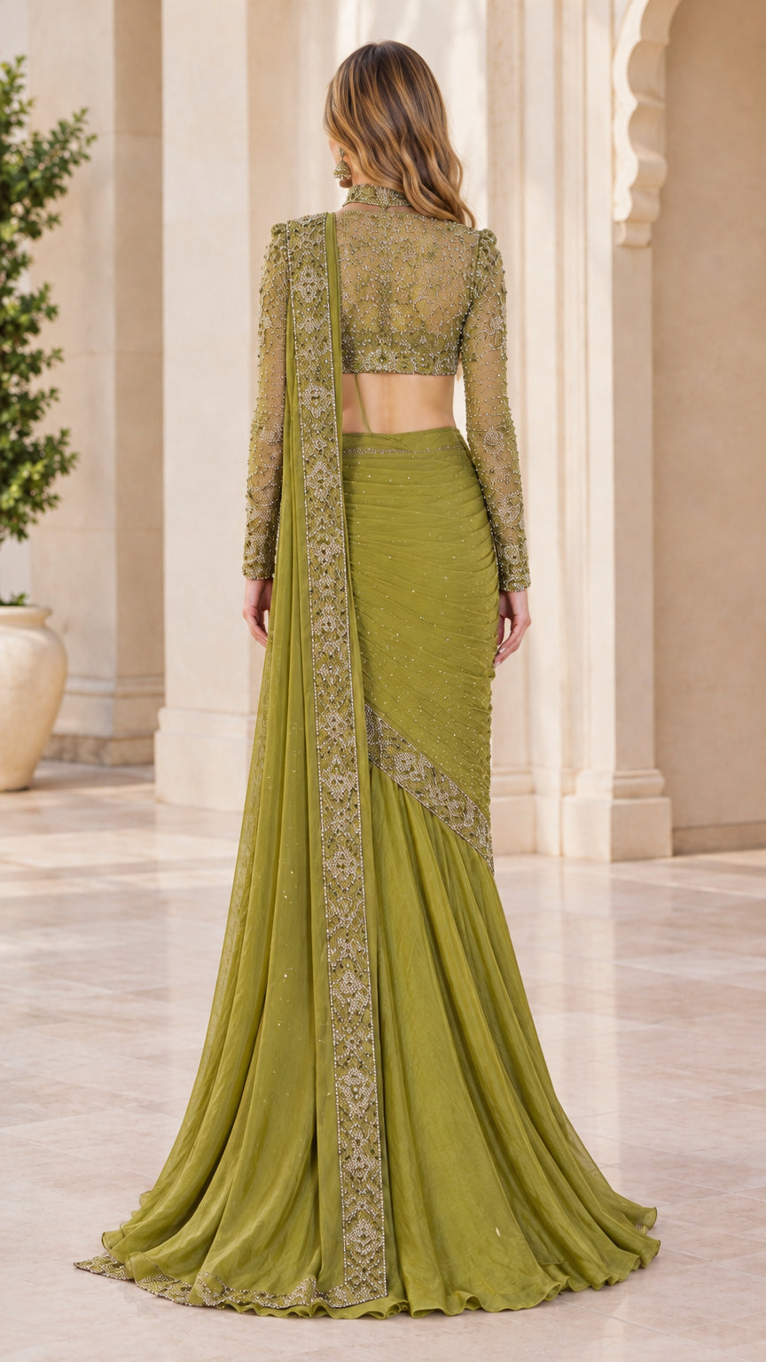 Back view of olive green pre-draped saree gown with sheer embroidered back panel