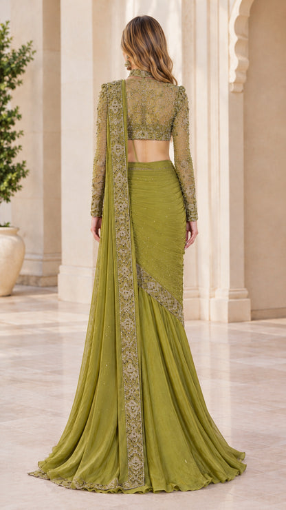 Back view of olive green pre-draped saree gown with sheer embroidered back panel