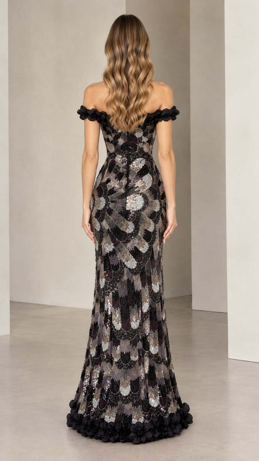Back view of off-the-shoulder sequined mermaid evening dress