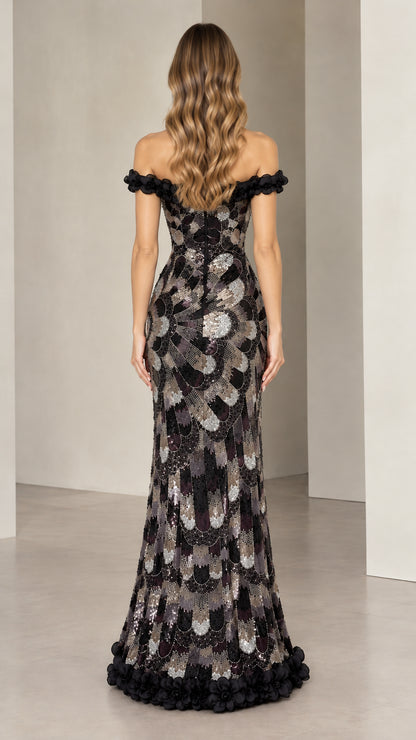 Back view of off-the-shoulder sequined mermaid evening dress