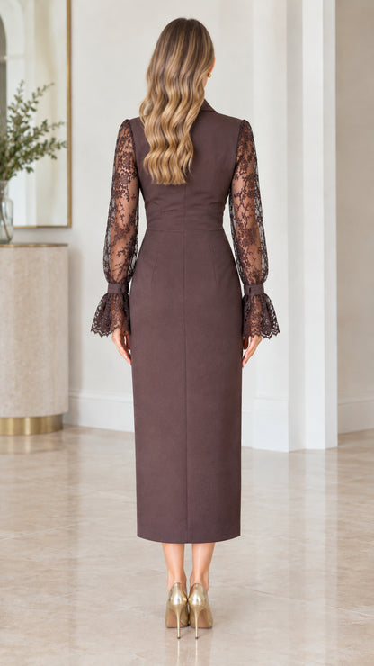 Back view of chocolate brown midi pencil dress with long lace sleeves