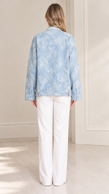 Back view of model wearing light blue floral lace button jacket