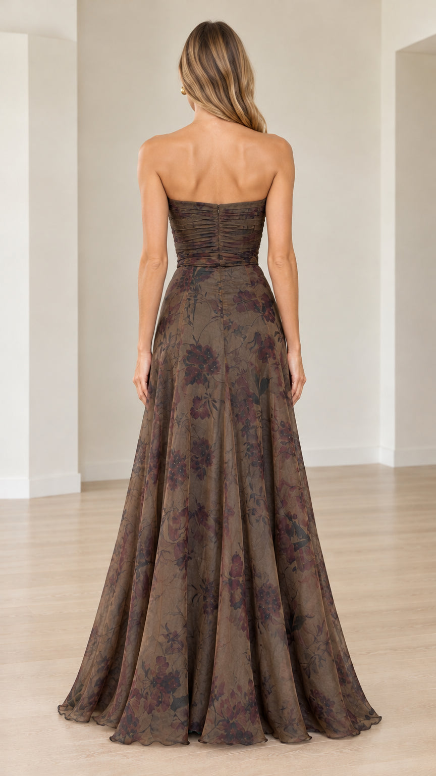 Back view of strapless mocha floral gown showing back ruching and zipper