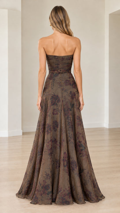 Back view of strapless mocha floral gown showing back ruching and zipper