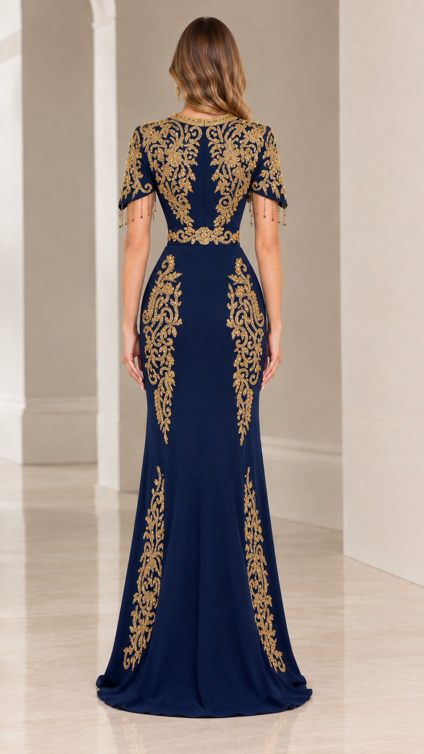Back full-length view of navy blue embroidered formal caftan dress