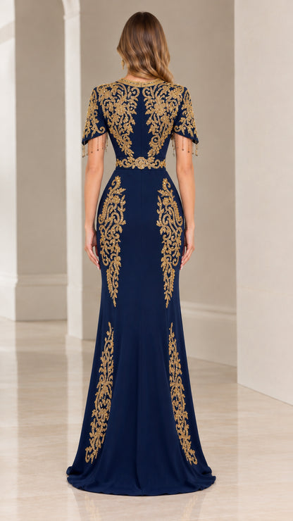 Back full-length view of navy blue embroidered formal caftan dress
