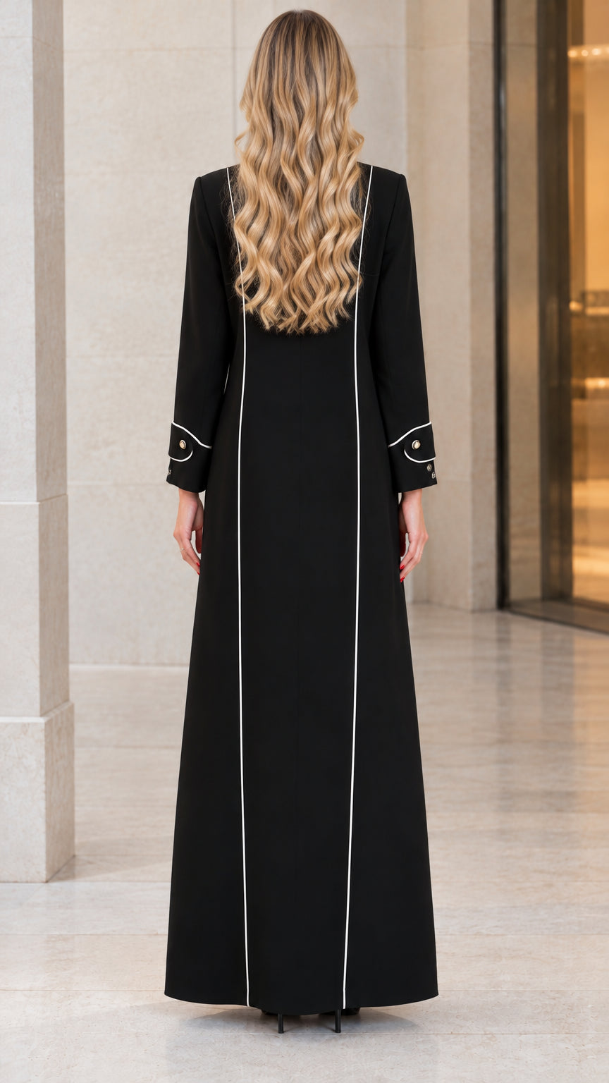 Back full-length view of black tailored duster jacket with vertical contrast piping