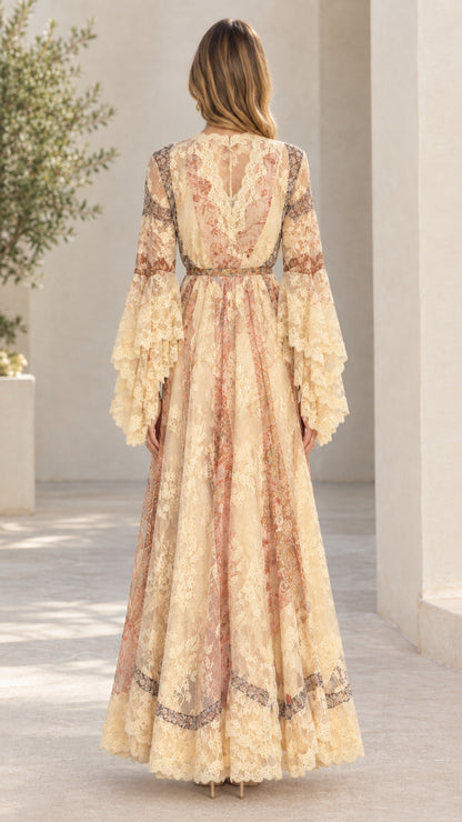 Back view of vintage style champagne lace maxi dress