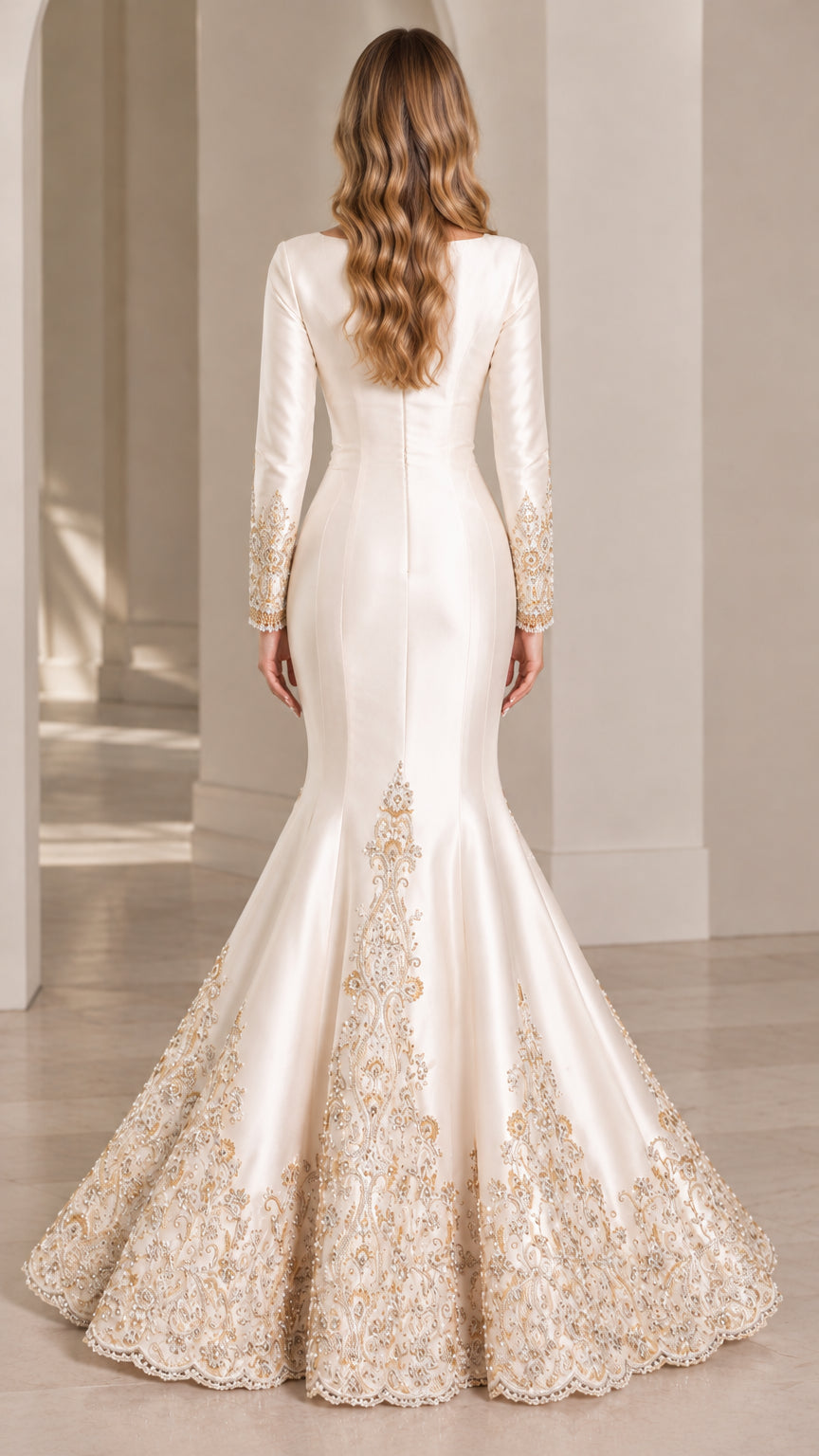 Back view of ivory floor length mermaid evening gown with flared embroidered train