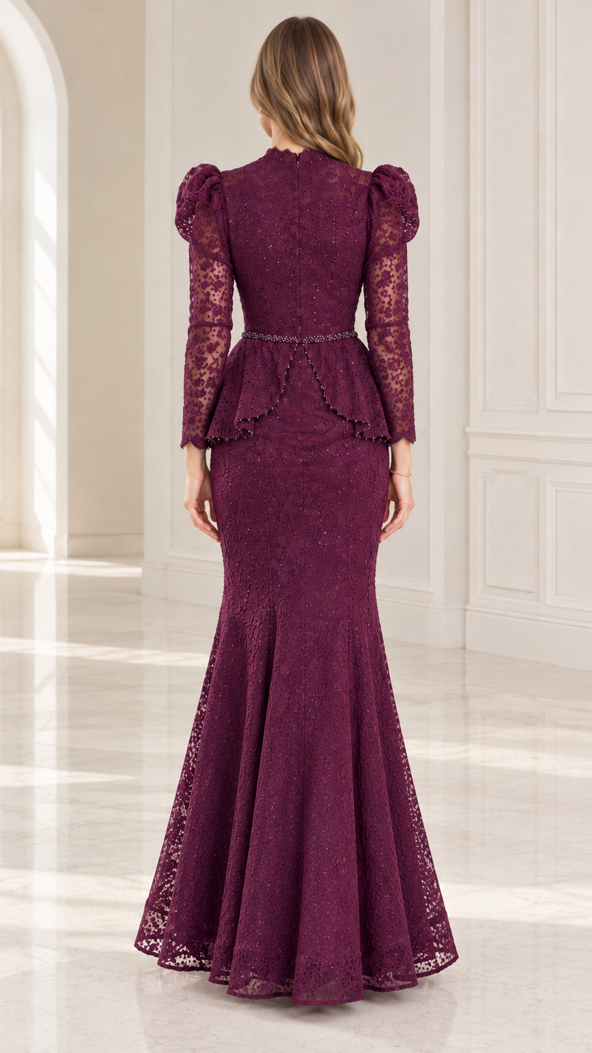 Back view of plum long sleeve lace mermaid gown showing elegant silhouette