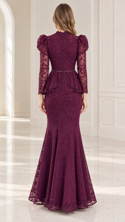 Back view of plum long sleeve lace mermaid gown showing elegant silhouette