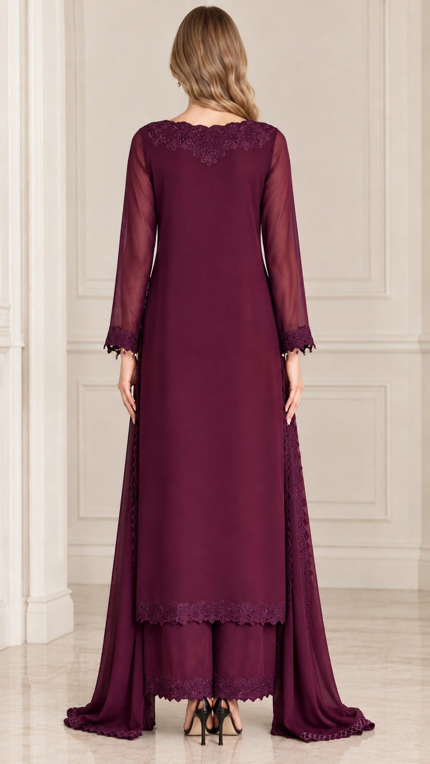 Burgundy embroidered evening pant set back view with drape scarf