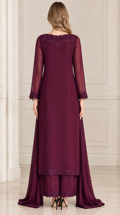 Burgundy embroidered evening pant set back view with drape scarf