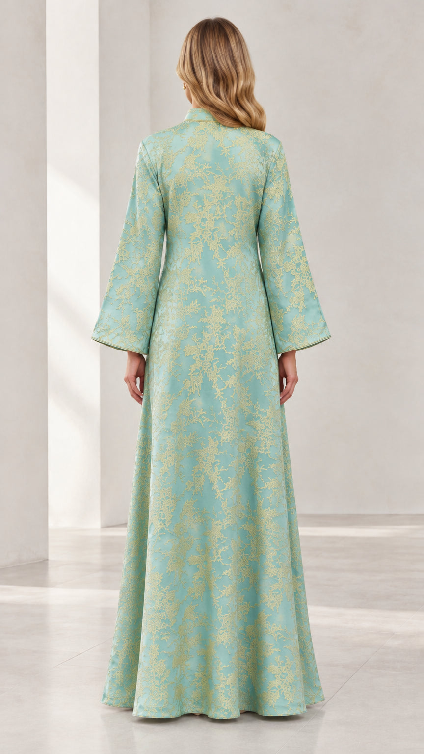 Back view of Mint Green floor length metallic jacquard kaftan dress