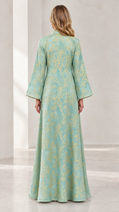 Back view of Mint Green floor length metallic jacquard kaftan dress