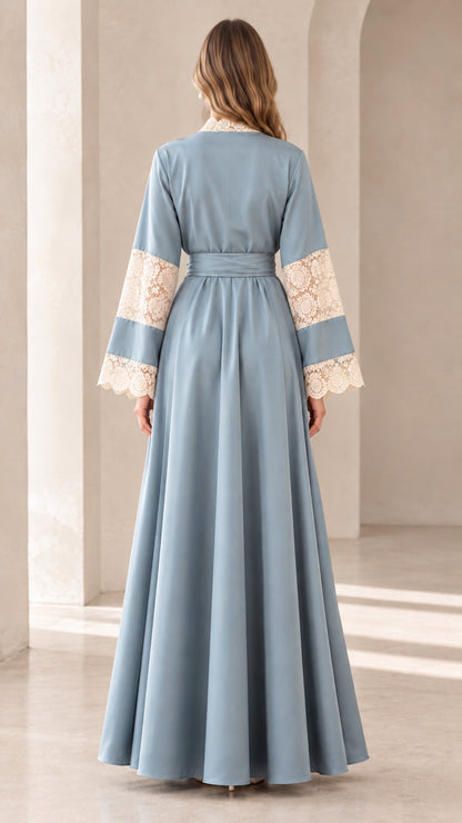 Back full view of Dusty Blue floor-length modest abaya dress