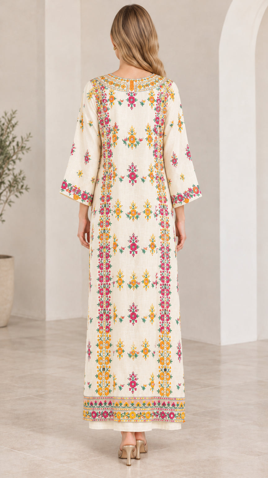 Back view of model wearing ivory embroidered kaftan dress