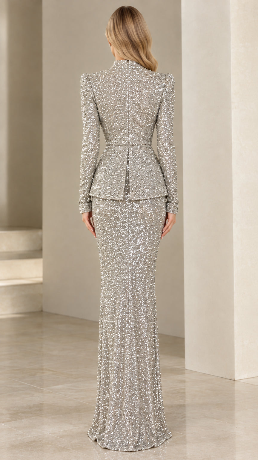 Back full-length view of silver long sleeve sequin maxi gown showing streamlined fit