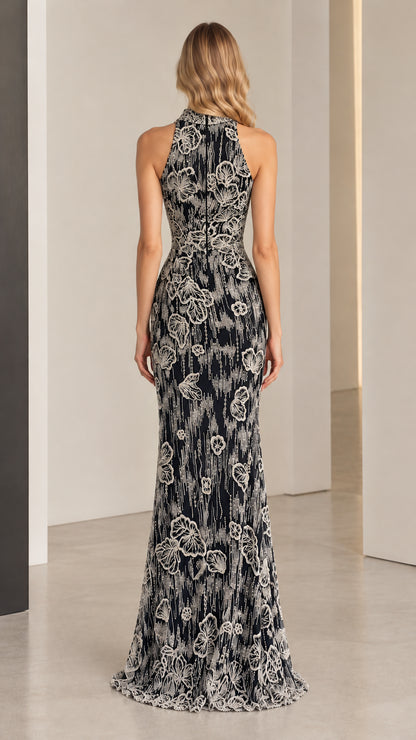 Black floral floor-length maxi dress shown from the back