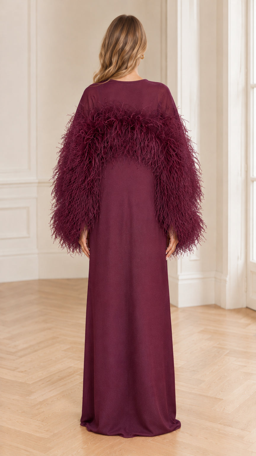 Burgundy maternity formal maxi gown back view with feather sleeves