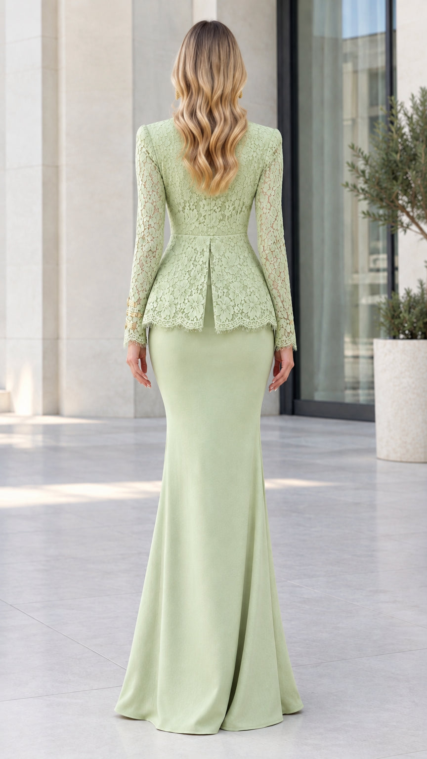 Back view of woman wearing sage green peplum long sleeve gown