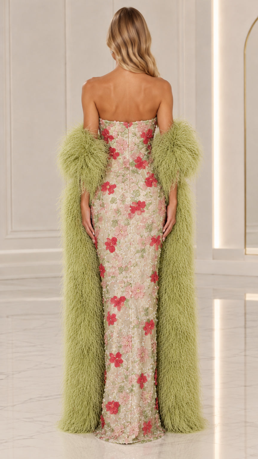 Back view of model in strapless Champagne Floral column maxi gown with plush wrap