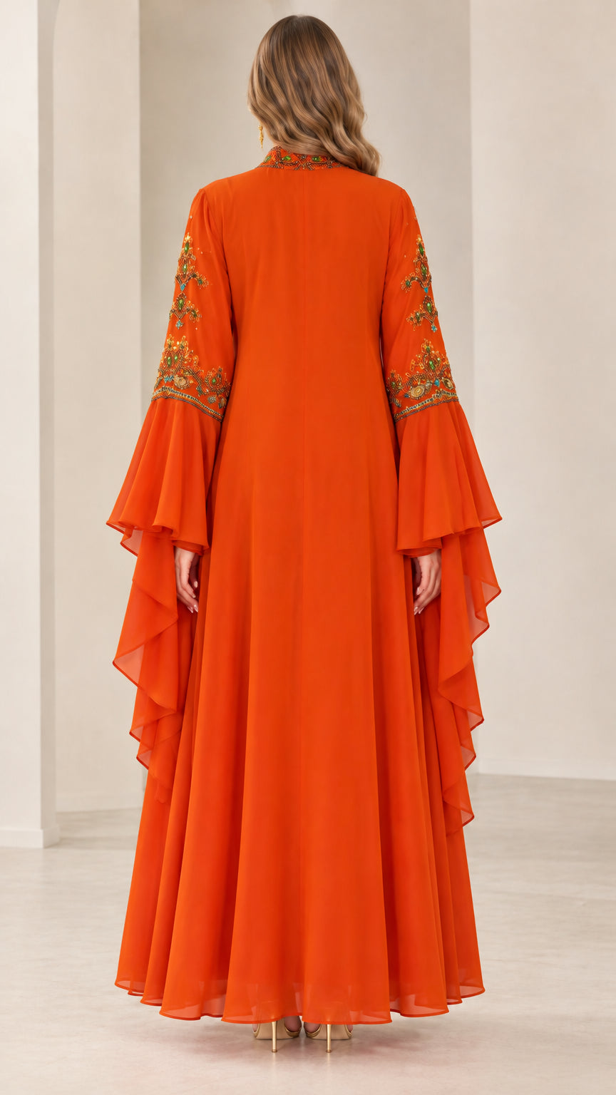 Rust orange floor-length kaftan dress back view