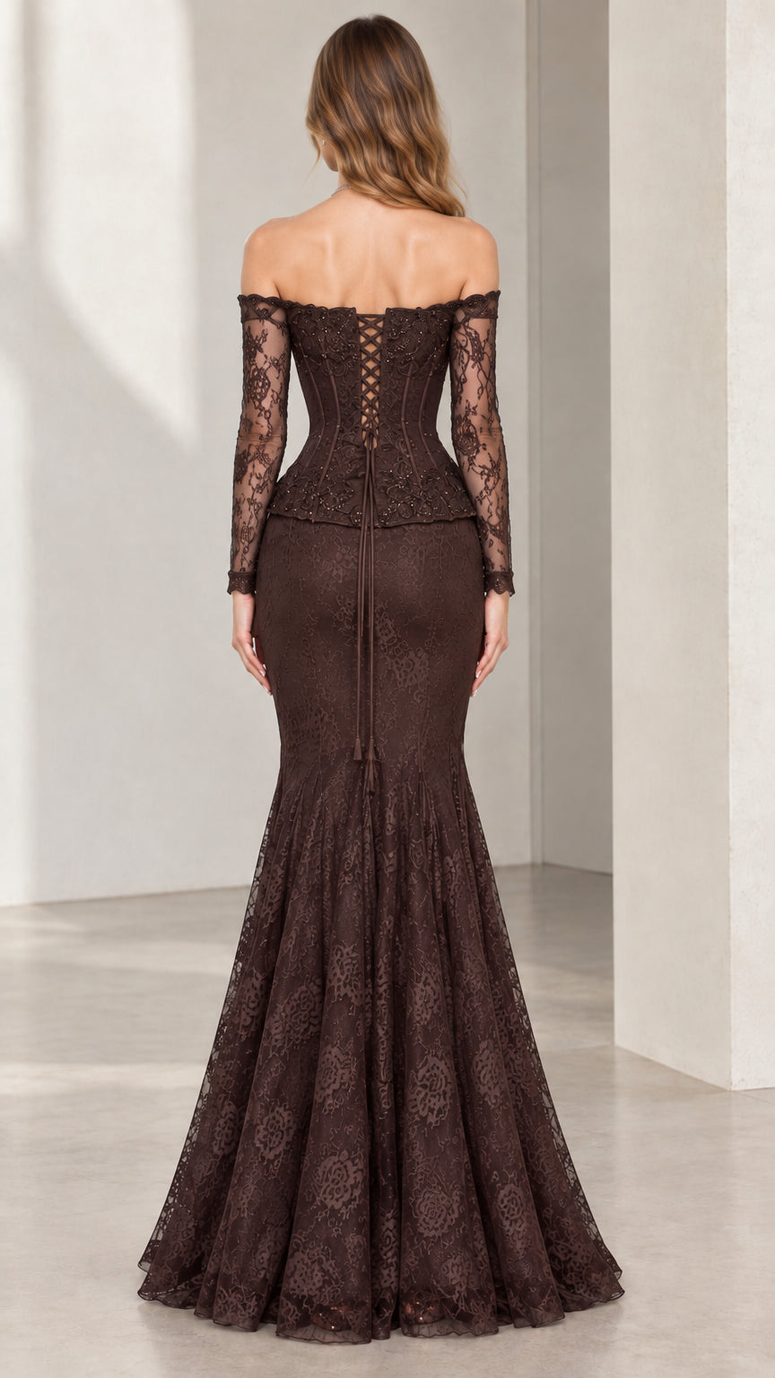 Back view of woman showing lace-up corset detail on chocolate brown mermaid evening gown