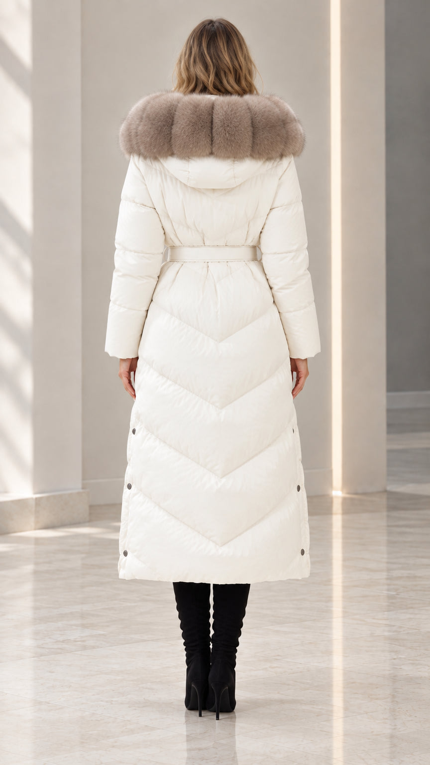 Back view of off white chevron quilted maxi parka jacket with hood