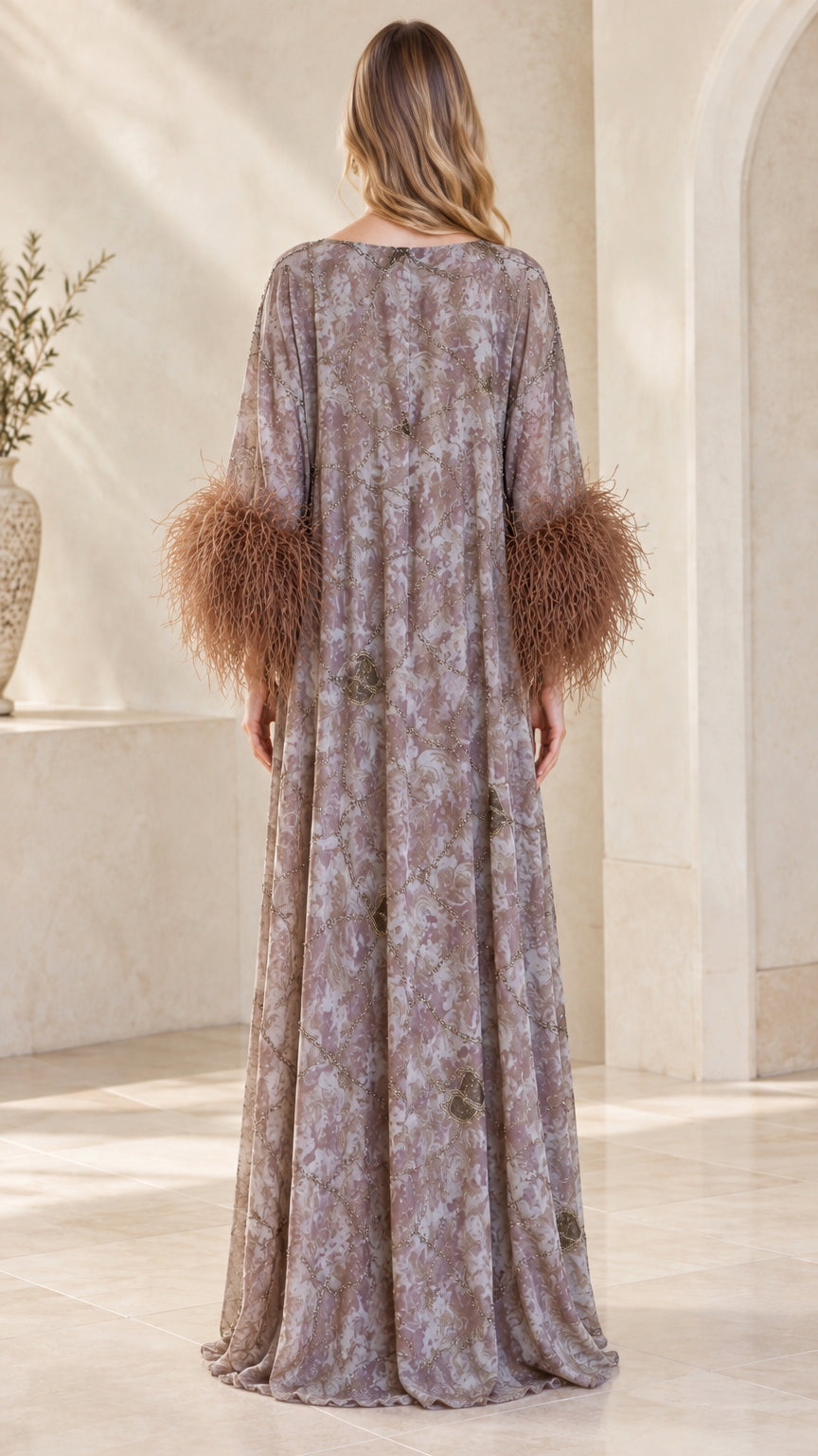 Rear view of model wearing relaxed fit taupe kaftan maxi dress