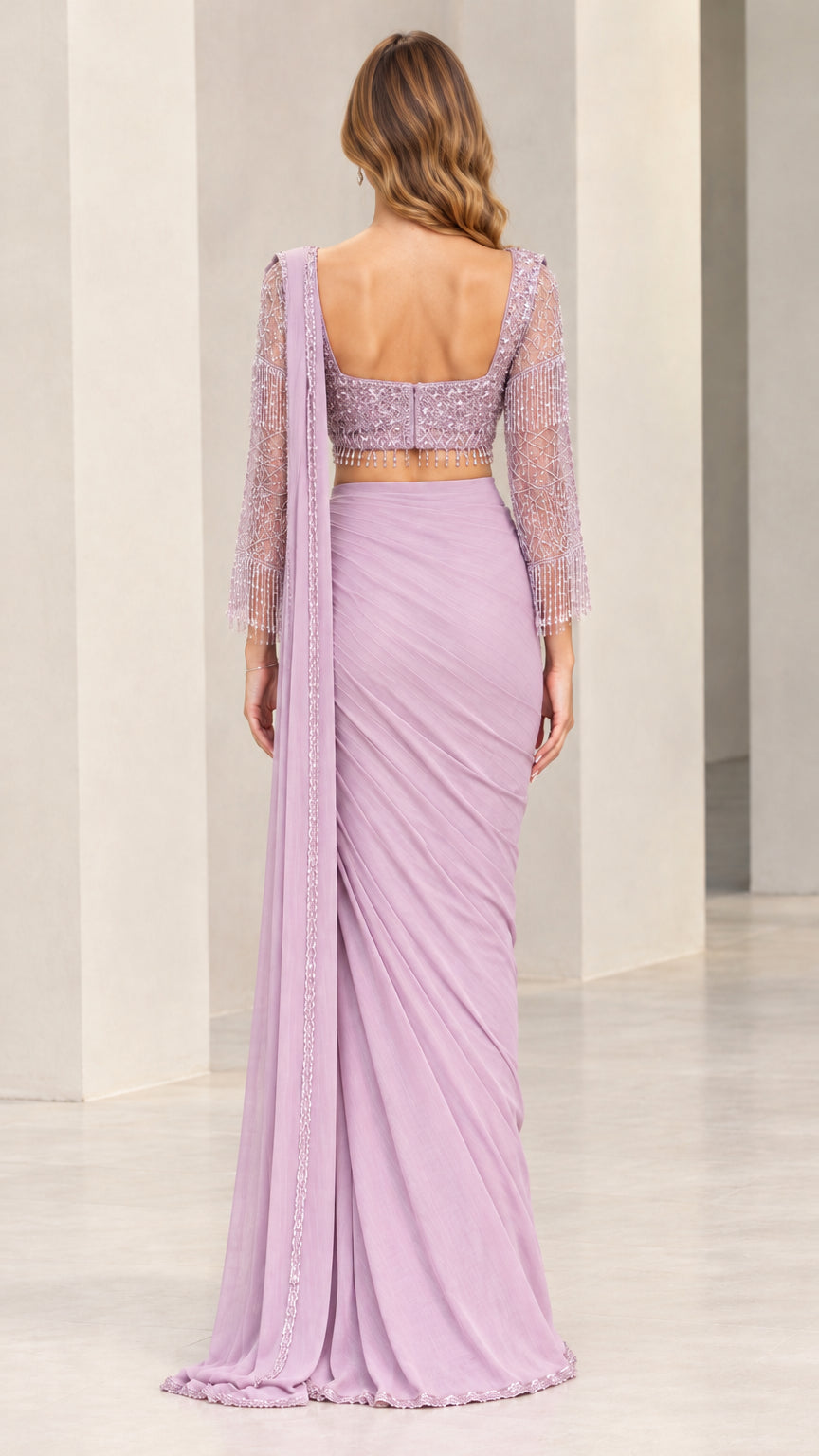Back view of lavender saree gown showing square back cutout and draped pallu