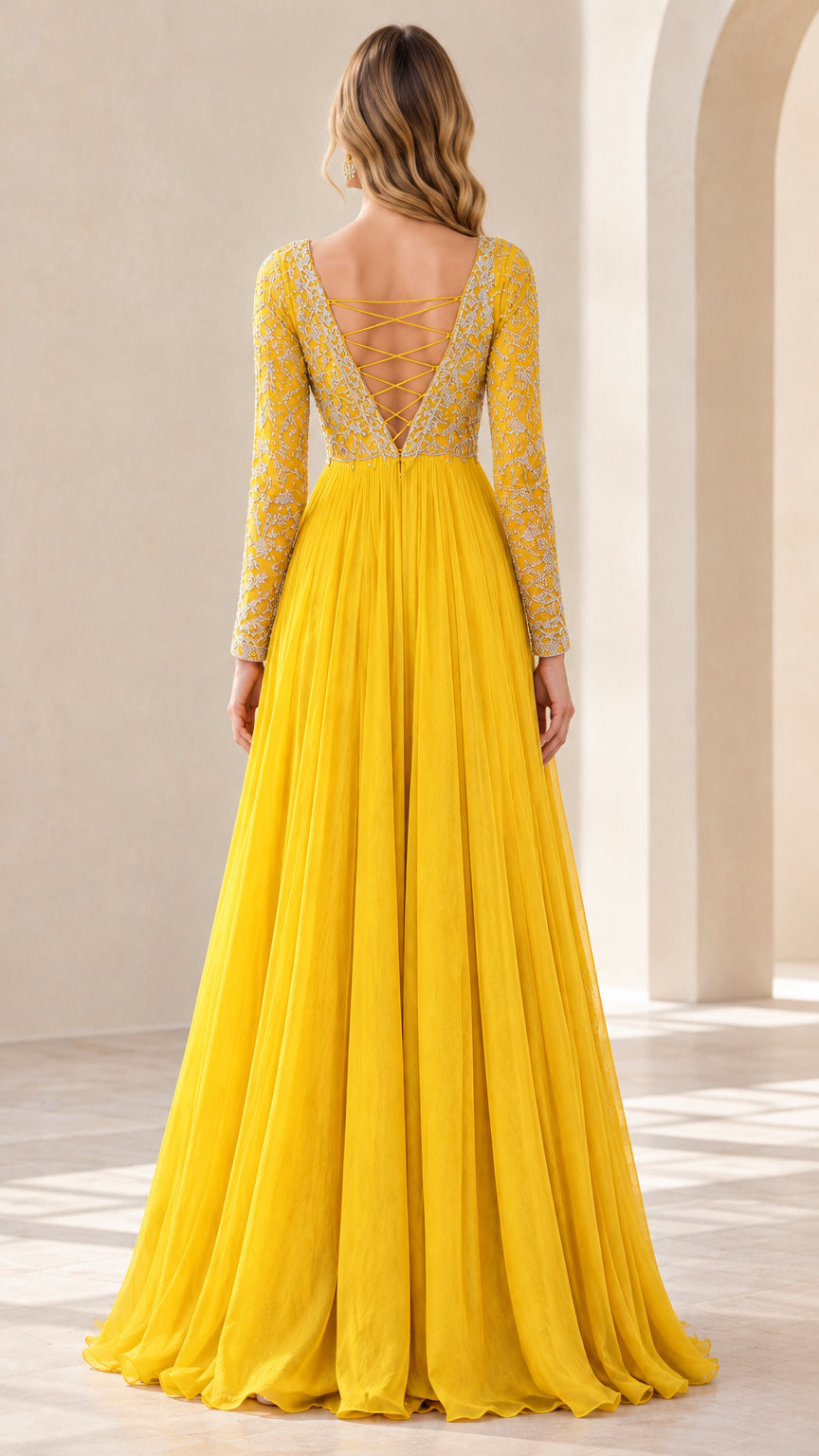 Yellow maxi gown back view with low cut back and criss-cross straps