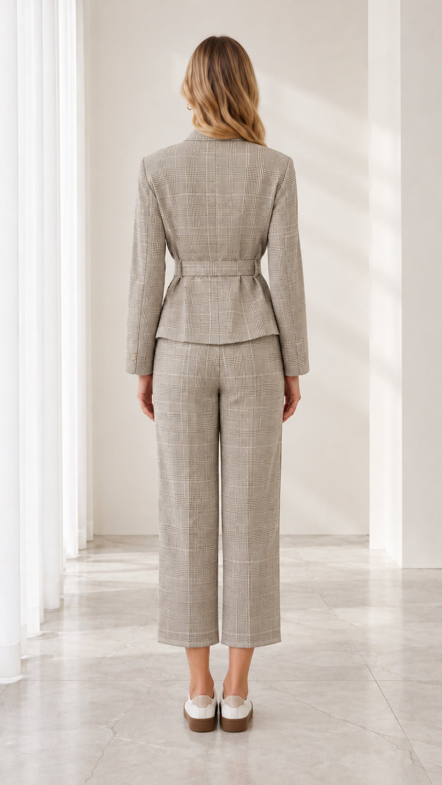 Back view of model wearing tailored grey plaid belted blazer and trousers