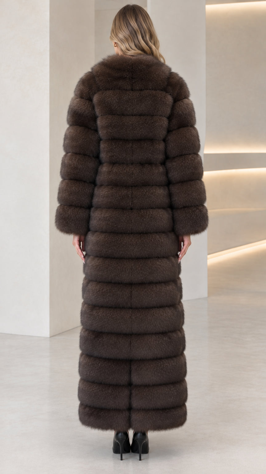 Back view of dark brown horizontal tiered faux fur maxi coat