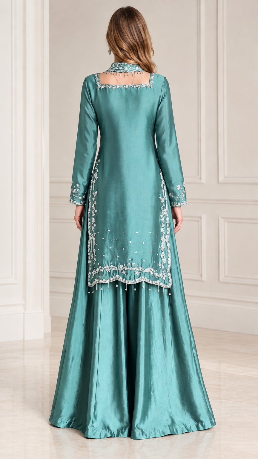 Back full-length view of teal embroidered sharara outfit
