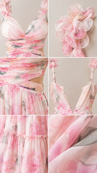 Detailed close-up collage of ruched bodice, floral strap appliqué, waist cutouts, and lightweight chiffon texture