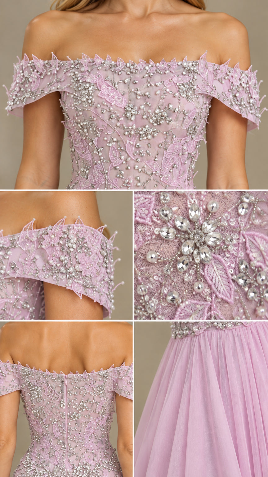 Close-up details of intricate crystal beadwork, embroidery, and back zipper on lilac gown
