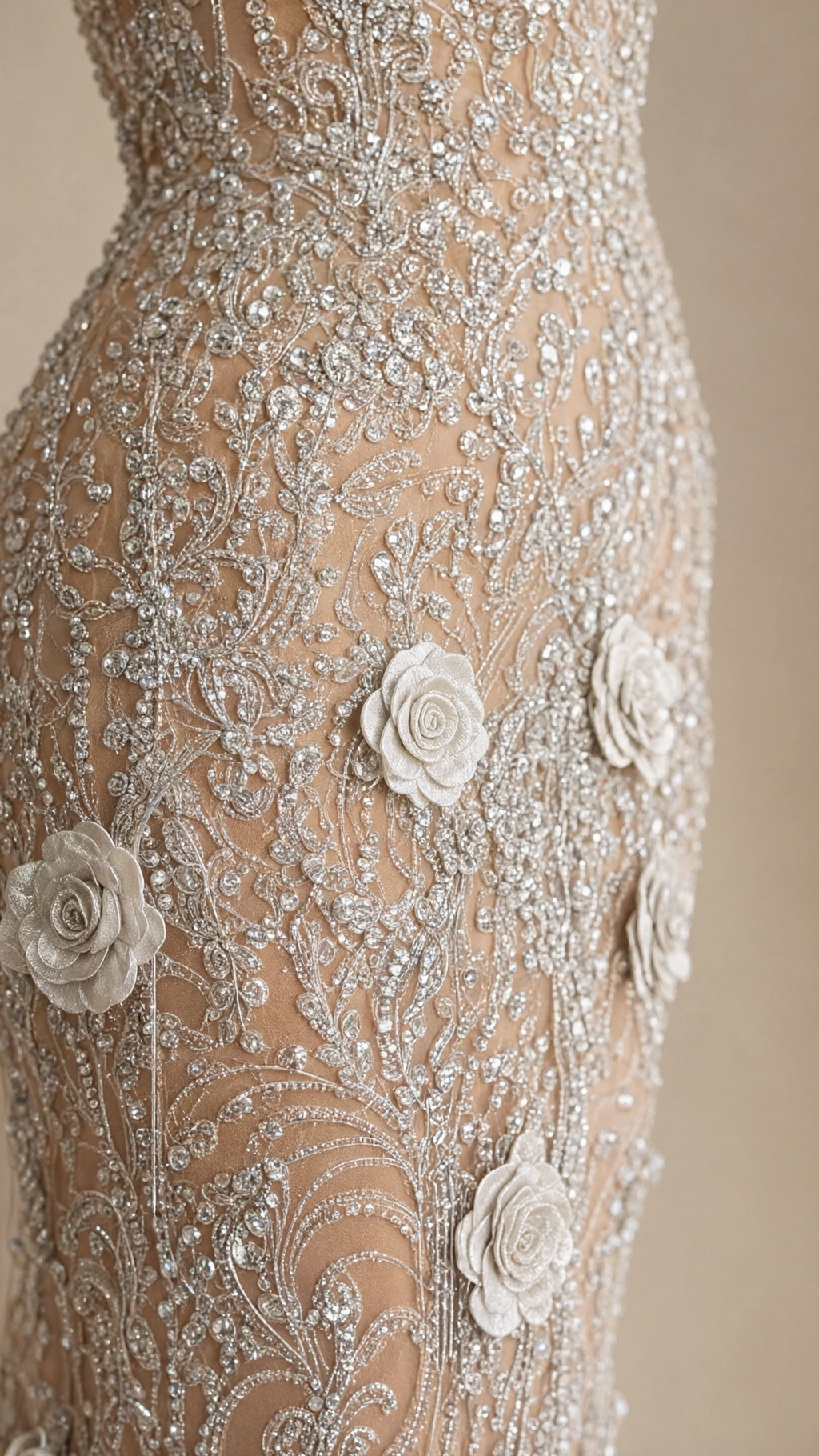 Close-up detail of 3D floral appliqués and intricate bead embroidery on champagne gown