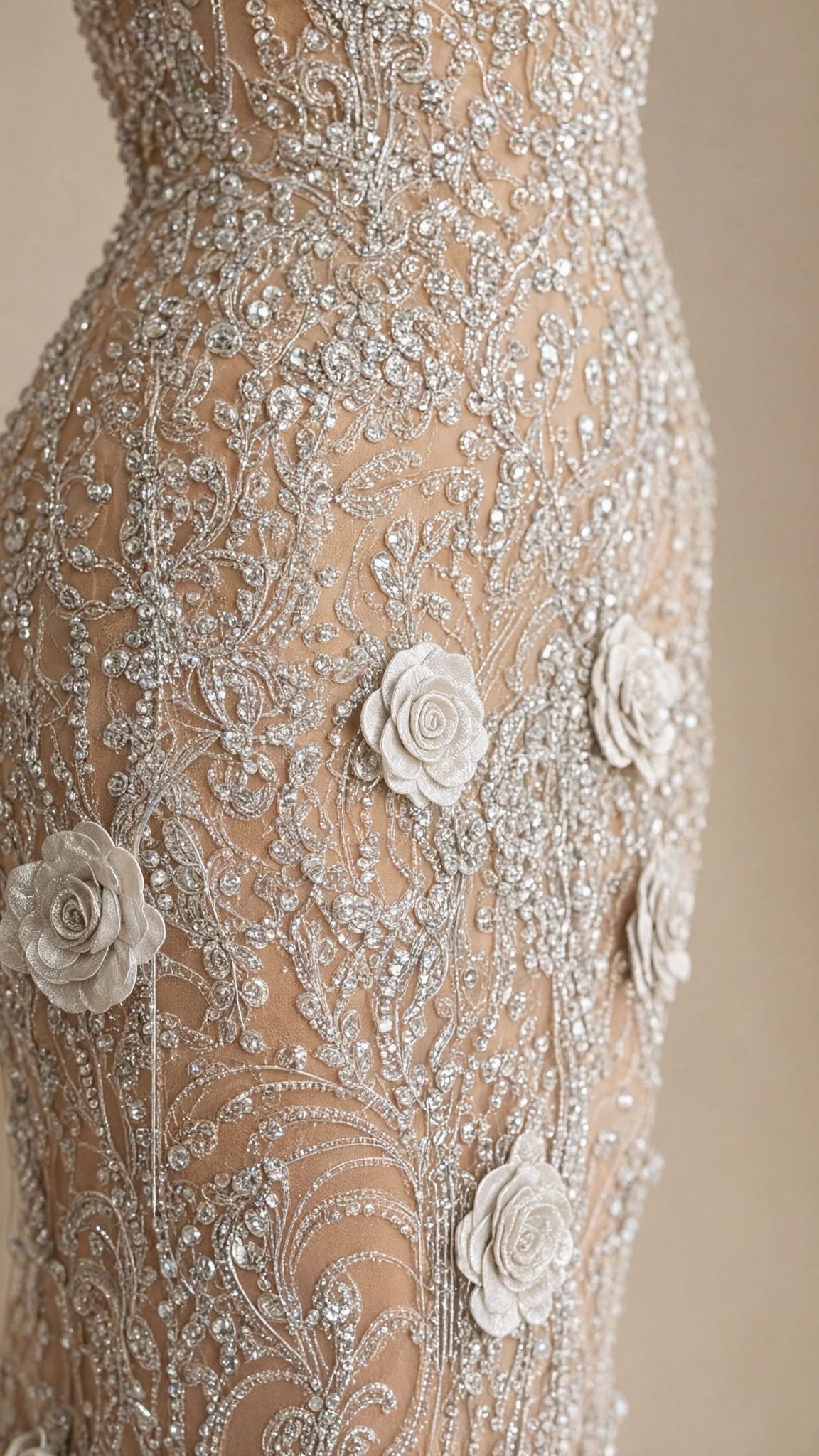 Close-up detail of 3D floral appliqués and intricate bead embroidery on champagne gown